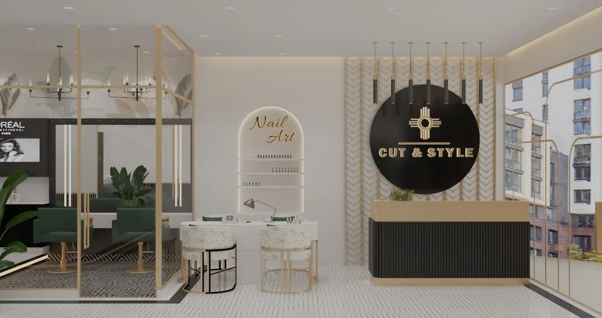 CUT & STYLE salon reception, nail area and styling stations